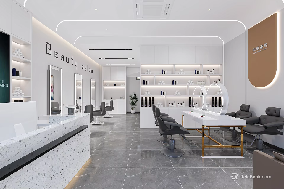 Spacious Beauty Salon Interior Design With White Styling Chairs Shelves And Mirrors 3d model 