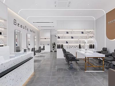 Spacious Beauty Salon Interior Design With White Styling Chairs Shelves And Mirrors 3d model