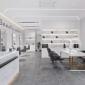 Spacious Beauty Salon Interior Design With White Styling Chairs Shelves And Mirrors