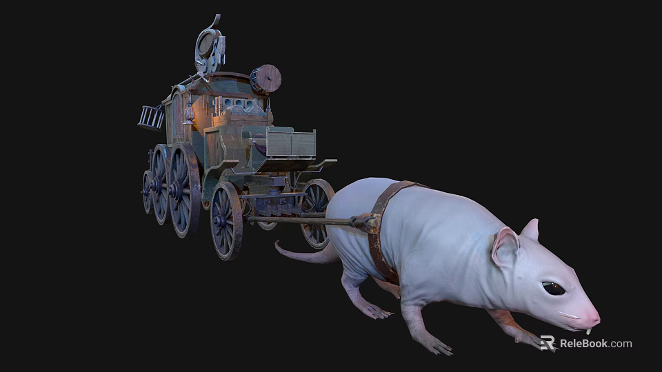 Large White Rat Pulling Steampunk Style Cart With Mechanical Devices And Wheels 3d model 