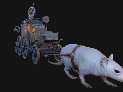 Large White Rat Pulling Steampunk Style Cart With Mechanical Devices And Wheels 3d model