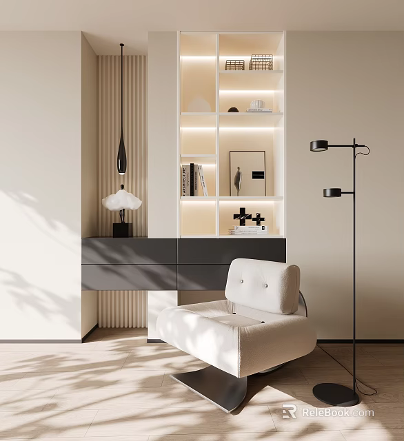 Modern White And Black Storage Cabinet Shelf With Built in Lighting And Display Design 3d model 