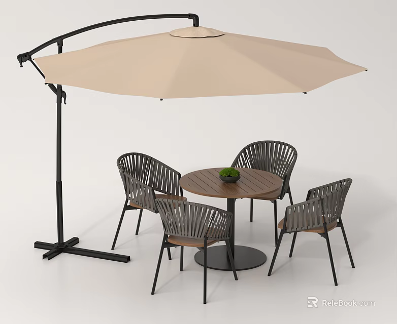 Outdoor Round Wooden Top Table with Wicker Chairs Beige Umbrella Black Frame 3d model 