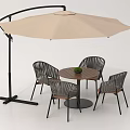 Outdoor Round Wooden Top Table with Wicker Chairs Beige Umbrella Black Frame