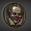 Decorative Metal Circular Badge Featuring Clown Face With Vintage Foliage Decor And Artistic Detailing