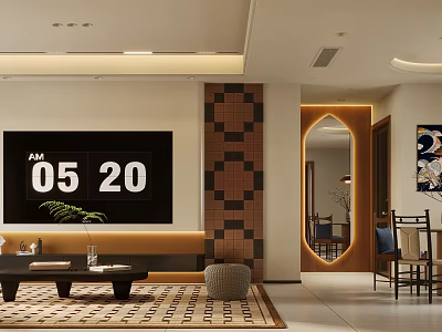 Modern Living and Dining Room Interior With TV Wall Decorative Mirror Sofa and Carpet 3d model