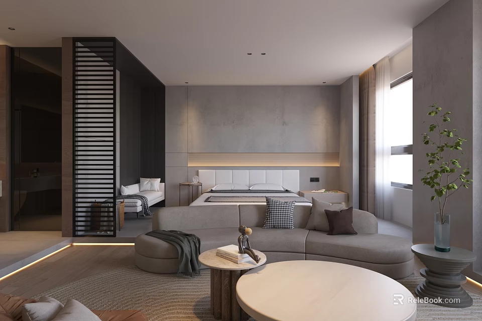 Modern Bedroom Interior Design With Gray Sofa Bed Coffee Table And Large Window 3d model 