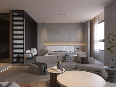 Modern Bedroom Interior Design With Gray Sofa Bed Coffee Table And Large Window 3d model