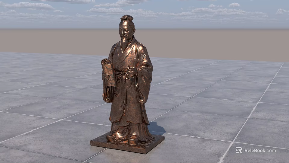 Landscape Sculpture of Bronze Ancient Figure in Traditional Robes Holding Object on Plaza with Sky 3d model 