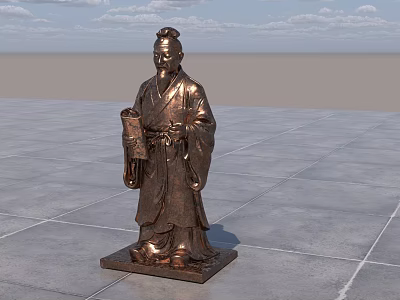 Landscape Sculpture of Bronze Ancient Figure in Traditional Robes Holding Object on Plaza with Sky 3d model