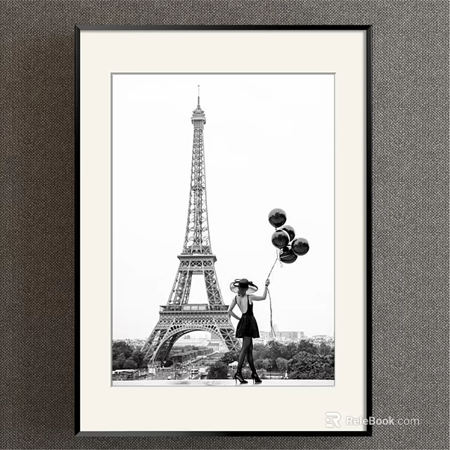 Black and White Landscape Painting of Eiffel Tower with Woman Holding Balloons 3d model 