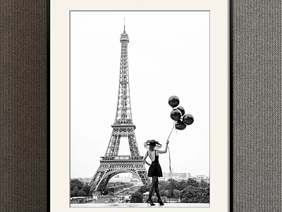 Black and White Landscape Painting of Eiffel Tower with Woman Holding Balloons 3d model
