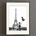 Black and White Landscape Painting of Eiffel Tower with Woman Holding Balloons