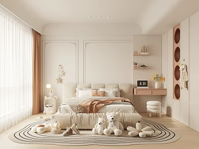 Cozy Kids Room Interior With Soft Curtains Bed Stuffed Toys And Round Decorative Rug 3d model