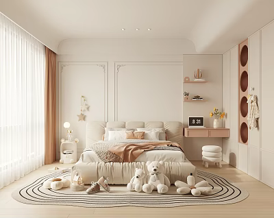 Cozy Kids Room Interior With Soft Curtains Bed Stuffed Toys And Round Decorative Rug 3d model