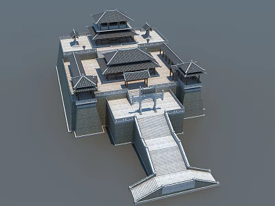 Ancient Architecture Model With Traditional Roofs Stone Walls And Gateway Staircase 3d model