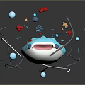 Blue Fish Shaped Creature With Colorful Circles Stripes Stars And Reflection On Dark Background