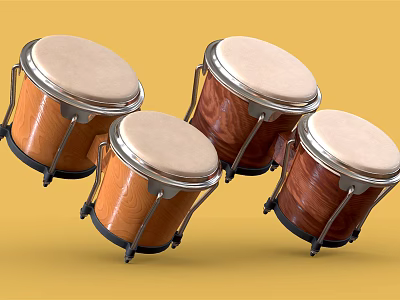 Four Wooden Bongo Drums With Natural Wood Finish And White Drum Heads On Yellow Background 3d model