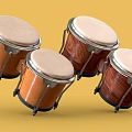 Four Wooden Bongo Drums With Natural Wood Finish And White Drum Heads On Yellow Background