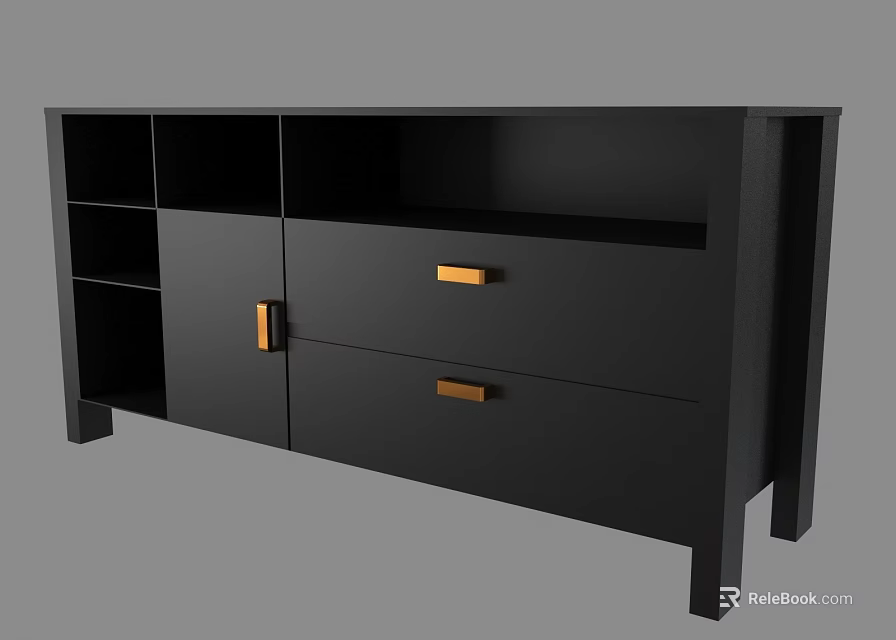 Modern Black Entryway Cabinet Console Table With Drawers Cabinet Doors And Golden Handles 3d model 