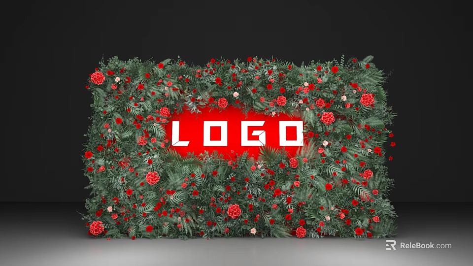 Decorative Architectural Backdrop With Green Foliage Red Flowers And Central Logo Area 3d model 