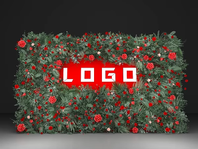 Decorative Architectural Backdrop With Green Foliage Red Flowers And Central Logo Area 3d model