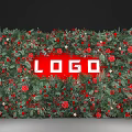 Decorative Architectural Backdrop With Green Foliage Red Flowers And Central Logo Area