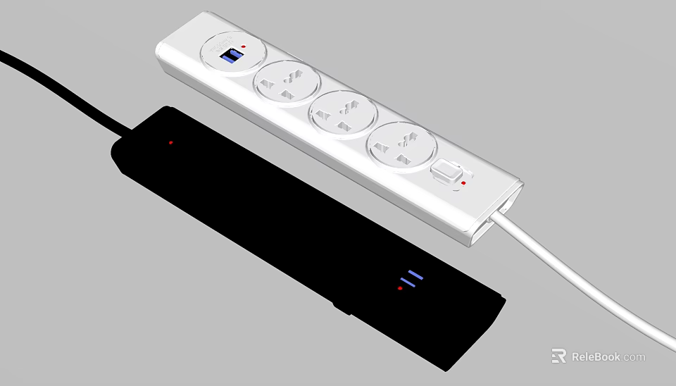 White and Black Power Strips with Multiple Sockets Switch and Indicator Lights 3d model 