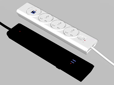 White and Black Power Strips with Multiple Sockets Switch and Indicator Lights 3d model