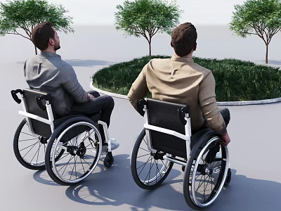 Two Men in Wheelchairs Enjoying Outdoor View with Trees and Grass 3d model