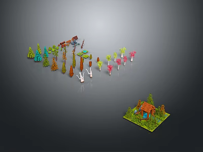 Various Colorful Decorative Plants Arranged In Miniature Garden With Small House 3d model
