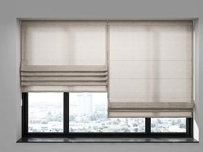 Roman Blinds Partially Open In Light Beige Textured Linen Fabric For Modern Window Interior View 3d model