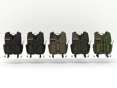 Five Tactical Vests In Various Colors With Multiple Pockets And Straps On White Background 3d model