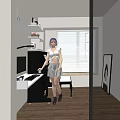 Woman With Purple Hair In Gray Outfit Standing By Computer And Bookshelf Near Window Blinds