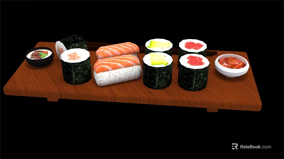 Tableware Set With Sushi Plates Small Bowls And Wooden Tray Featuring Seafood Dishes 3d model 