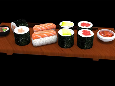 Tableware Set With Sushi Plates Small Bowls And Wooden Tray Featuring Seafood Dishes 3d model