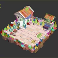 Modern Miniature Scene With Small Houses Orange Roofs Blue Awnings Green Plants Stone Path Targets
