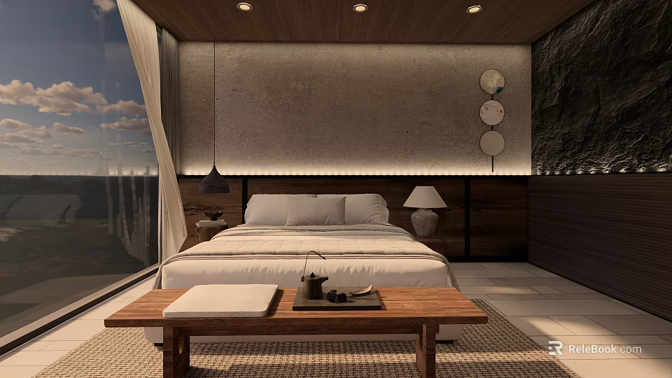 Modern Hotel Guest Room Interior With Comfortable Bed Wooden Furniture Ambient Lighting And Scenic Window View 3d model 