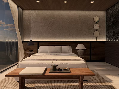 Modern Hotel Guest Room Interior With Comfortable Bed Wooden Furniture Ambient Lighting And Scenic Window View 3d model