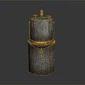 Rusted Industrial Metal Barrel With Top Valves Yellow Band And Hook