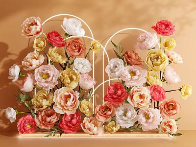 Art Installation With White Metal Arch And Colorful Pink Red Yellow White Flowers Decor 3d model