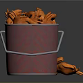 Red Bucket With Metal Handles Filled Full Of Orange Crab Legs