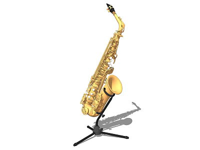 Elegant Golden Saxophone Musical Instrument on Black Stand with Shadow 3d model