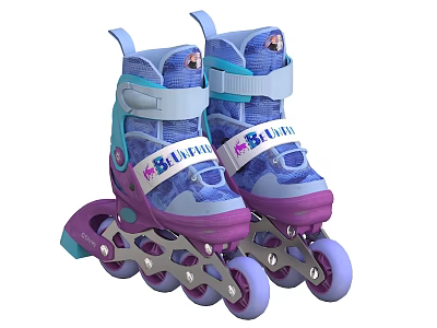Children's Blue and Purple Roller Skates With Cartoon Design Adjustable Straps And Purple Wheels 3d model