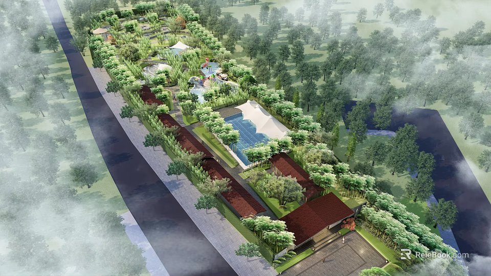 Aerial View Of Luxury Resort Landscape With Swimming Pool Green Trees And Buildings 3d model 