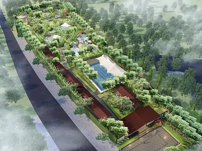 Aerial View Of Luxury Resort Landscape With Swimming Pool Green Trees And Buildings 3d model