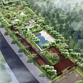 Aerial View Of Luxury Resort Landscape With Swimming Pool Green Trees And Buildings