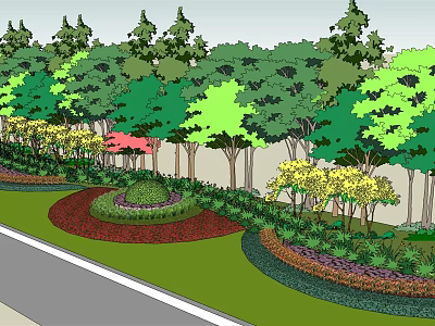 Colorful Flower Garden Landscape With Various Trees Circular Beds And Green Lawn 3d model