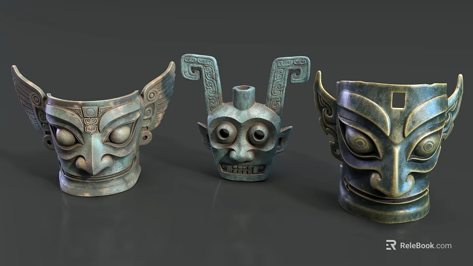 Ancient Bronze Mask Sculptures With Intricate Carved Designs And Traditional Art Style 3d model 
