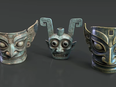 Ancient Bronze Mask Sculptures With Intricate Carved Designs And Traditional Art Style 3d model